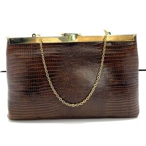 Vintage Brown Genuine Leather gorgeous square folding hinge Clutch handbag Chain